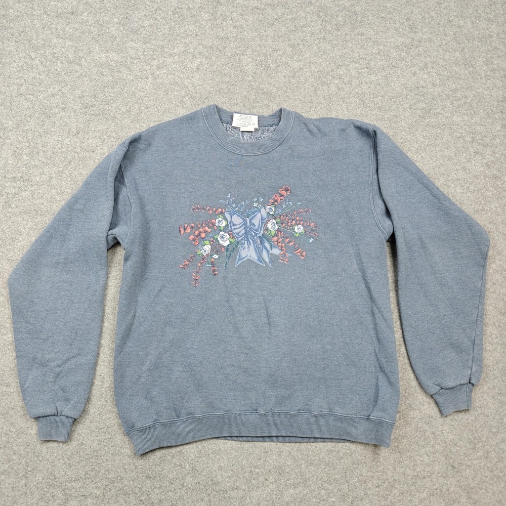 Vintage Lee Sport Sweatshirt Womens Medium Blue Floral Bow Fleece Made USA